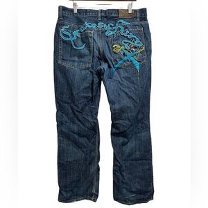 Artful Dodger Men Straight Embroider Dual Swords Dark Blue Denim Jeans Sz 36x32